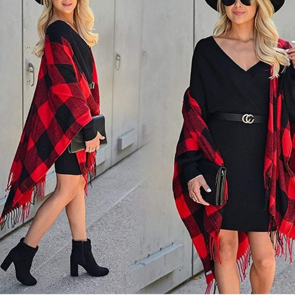 Red plaid shawl poncho
